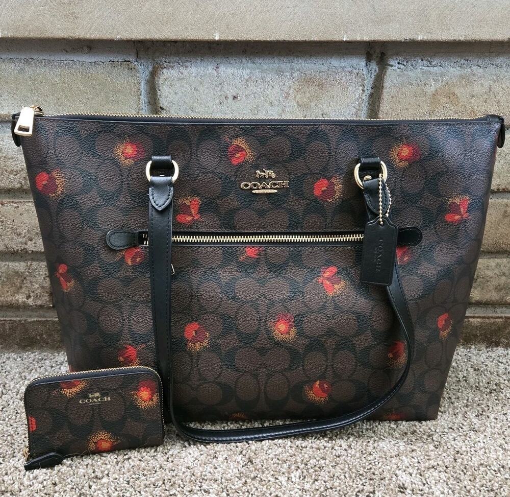Coach Gallery Canvas Tote Bag Small Zip Wallet Pop Floral Pansy Print C5803